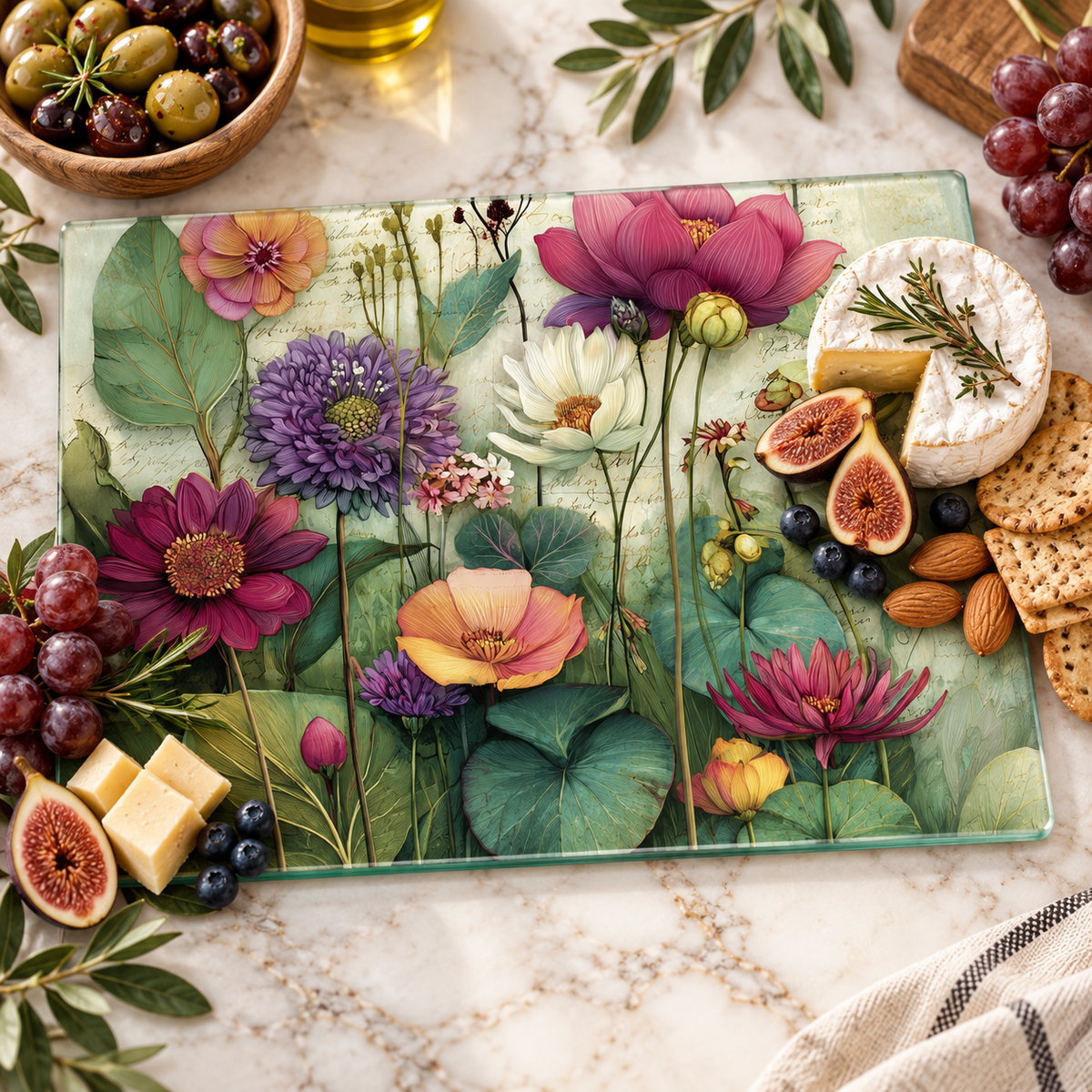 Floral Glass Cutting Board & Botanical Serving Board