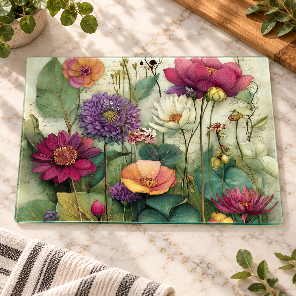 Floral Glass Cutting Board & Botanical Serving Board