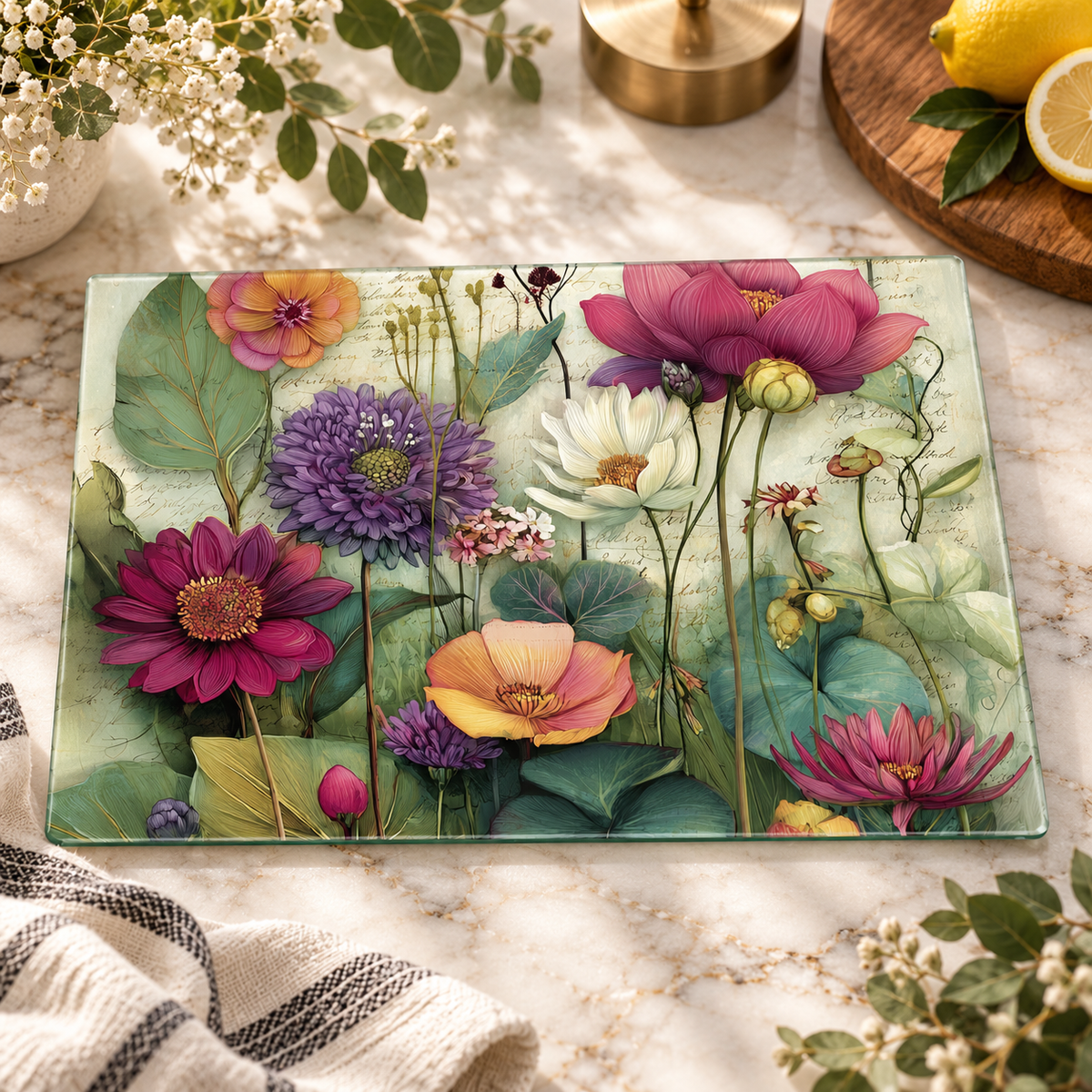 Floral Glass Cutting Board & Botanical Serving Board