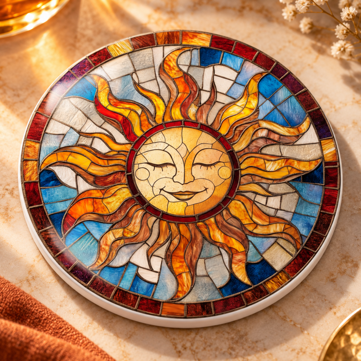 A round stained-glass-style sun coaster or decorative plate with a smiling sun face and radiating rays in blue, yellow, orange, red, and white, shown on a warm beige surface with styled props.