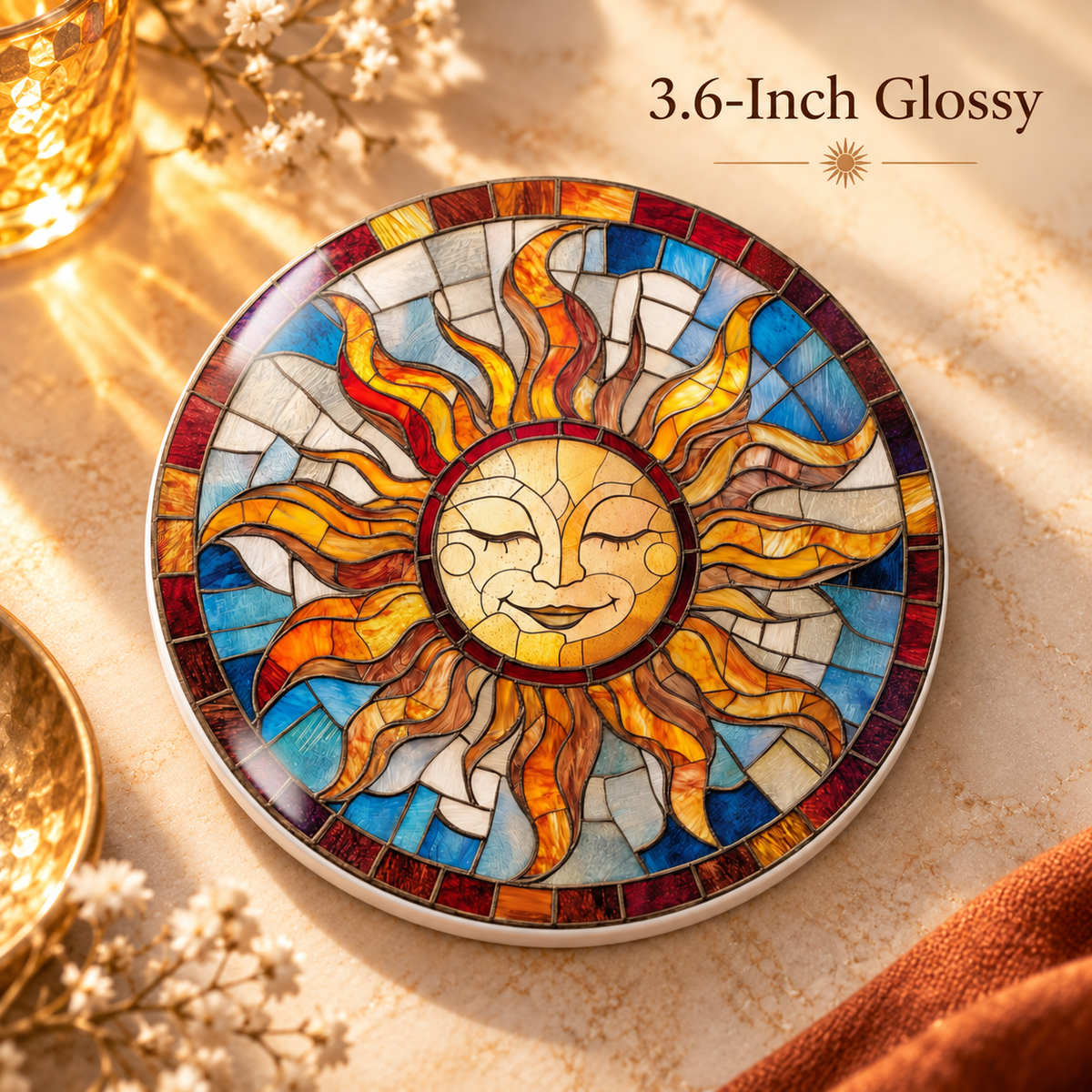 Stained Glass Sun Ceramic Coaster
