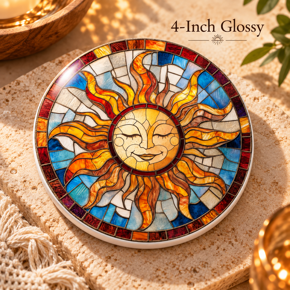 Stained Glass Sun Ceramic Coaster