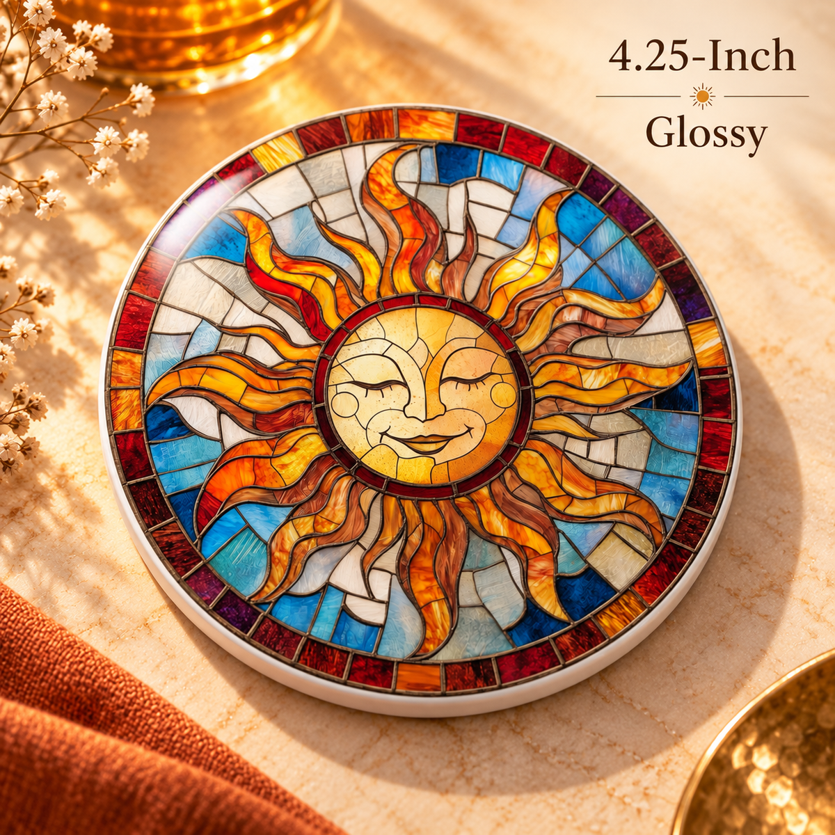 Stained Glass Sun Ceramic Coaster