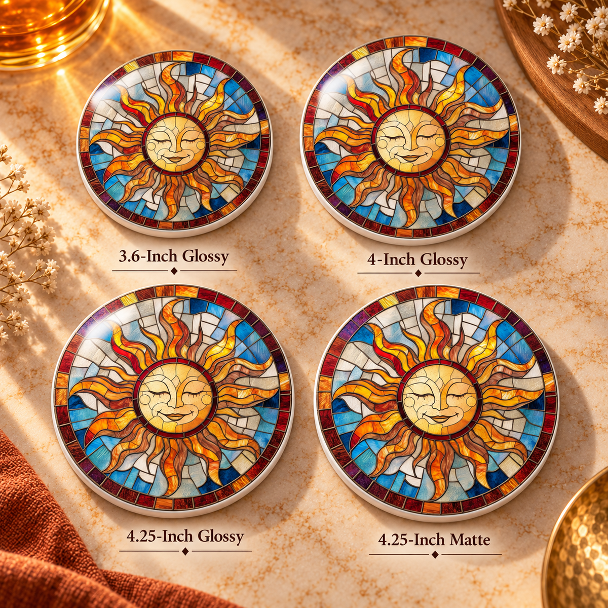 Stained Glass Sun Ceramic Coaster
