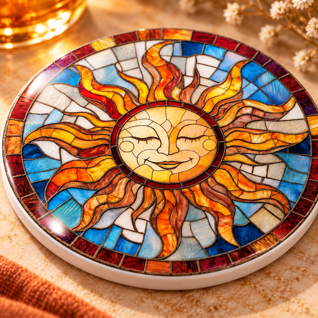 Stained Glass Sun Ceramic Coaster