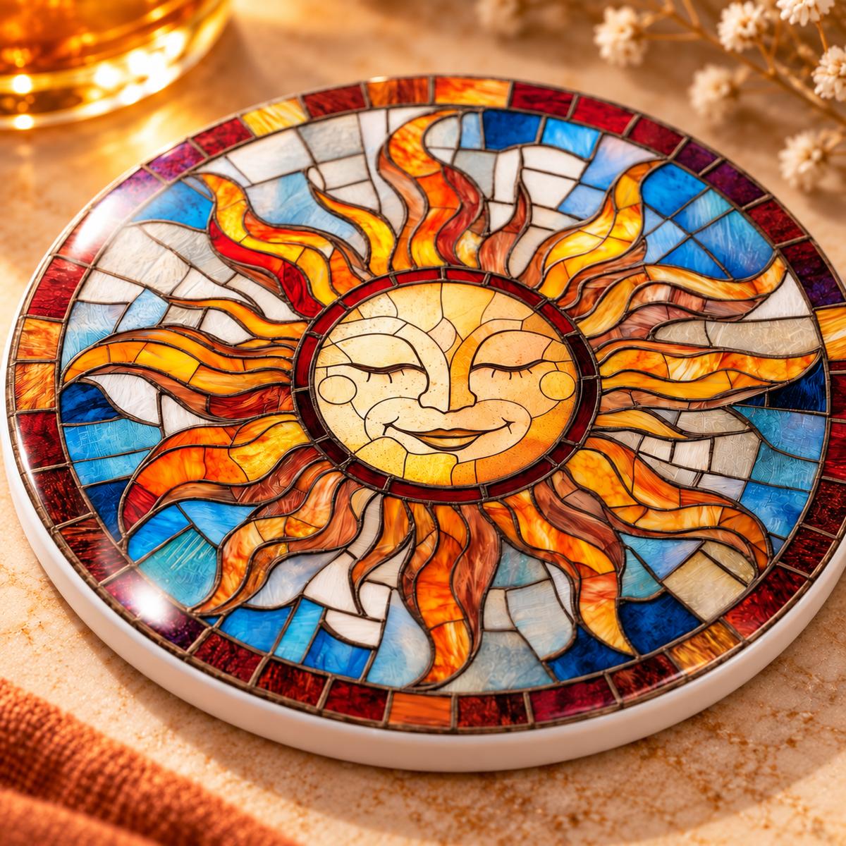 Stained Glass Sun Ceramic Coaster