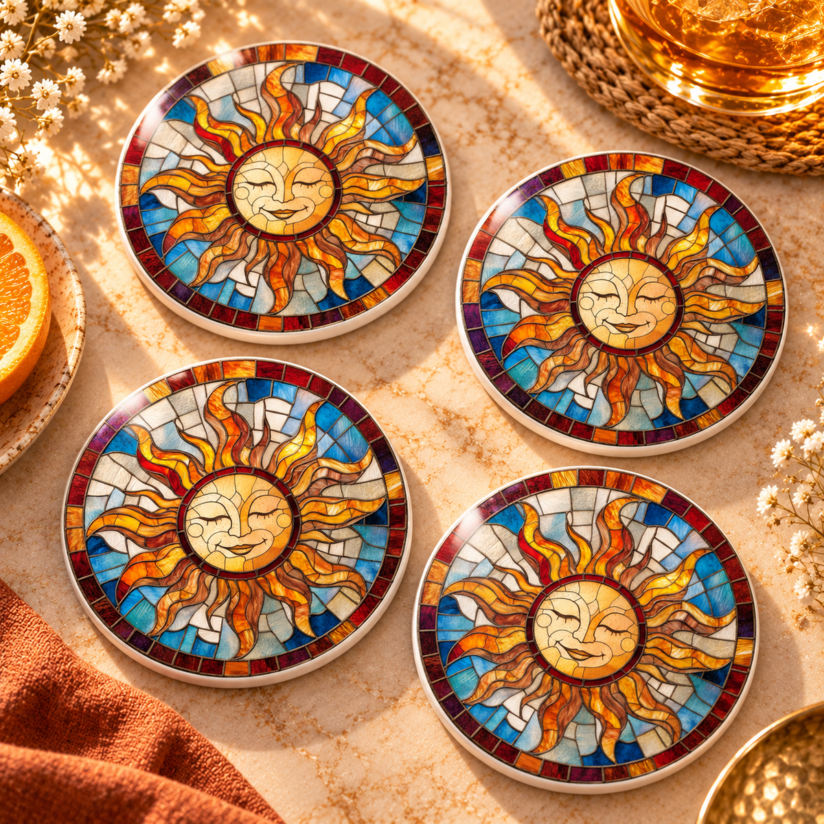 Stained Glass Sun Ceramic Coaster