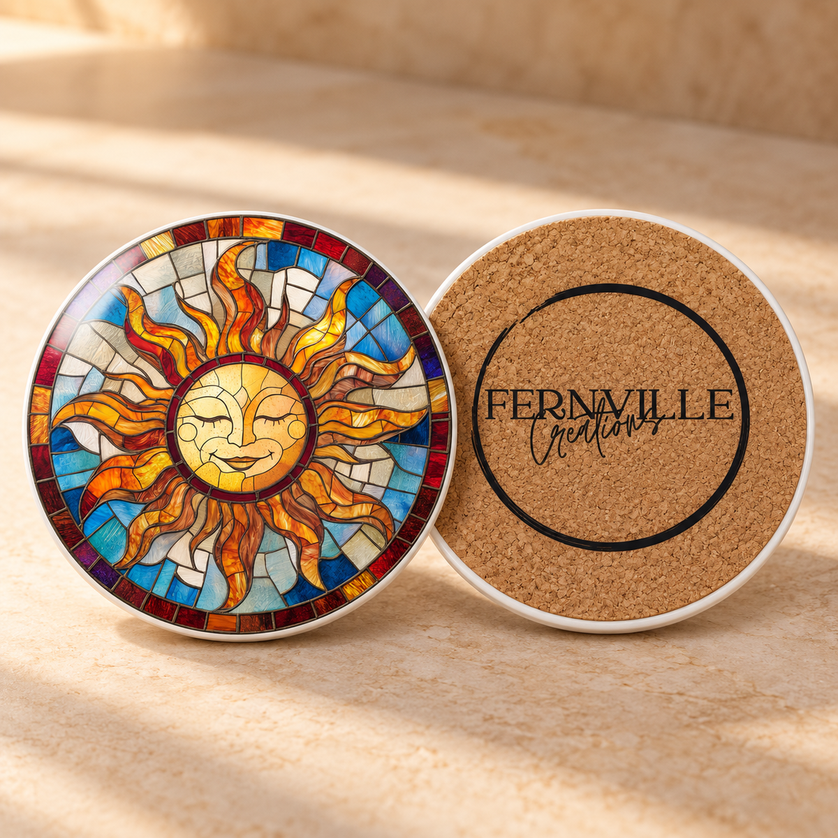 Stained Glass Sun Ceramic Coaster