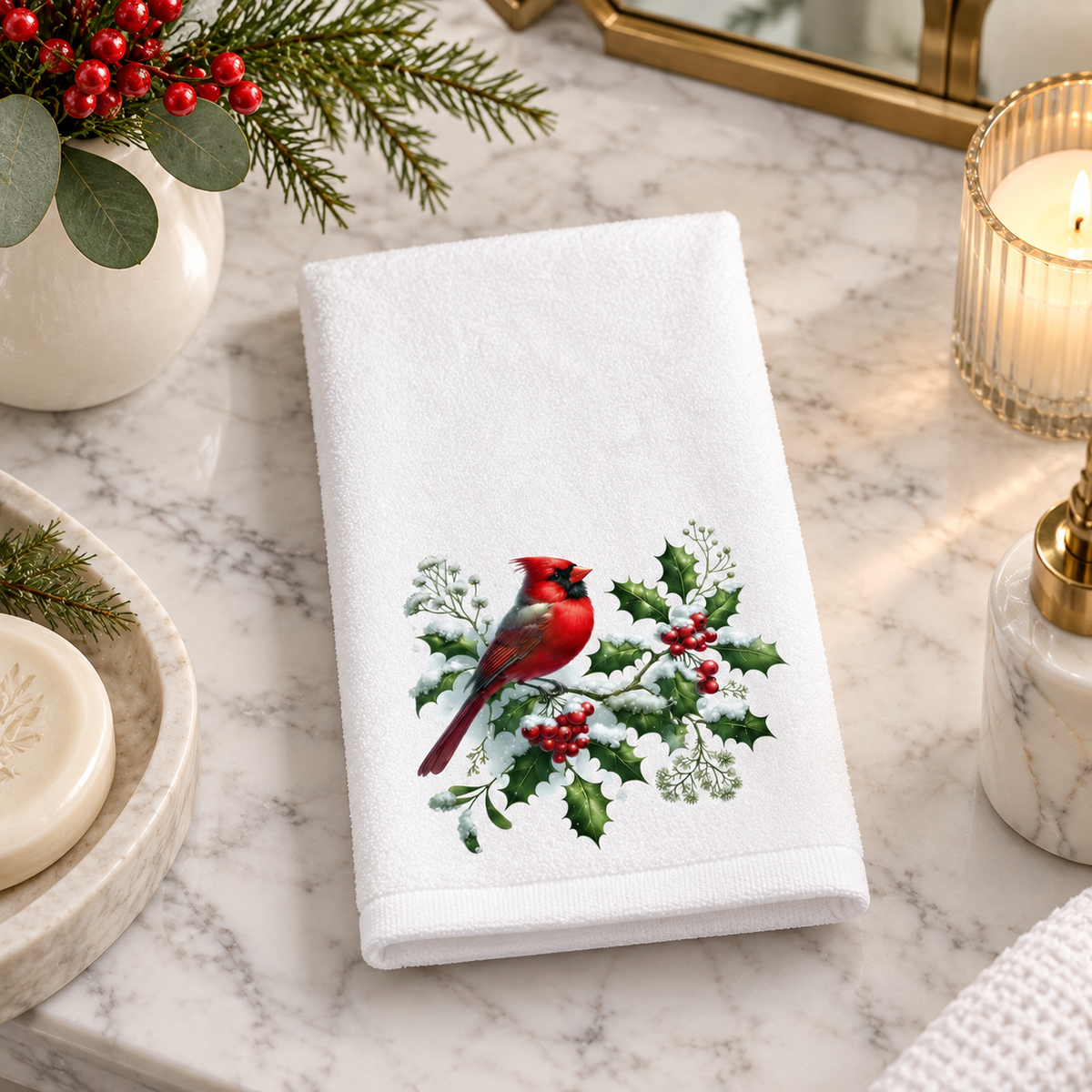 Cardinal Christmas Fingertip Towel, Holiday Guest Bath Decor