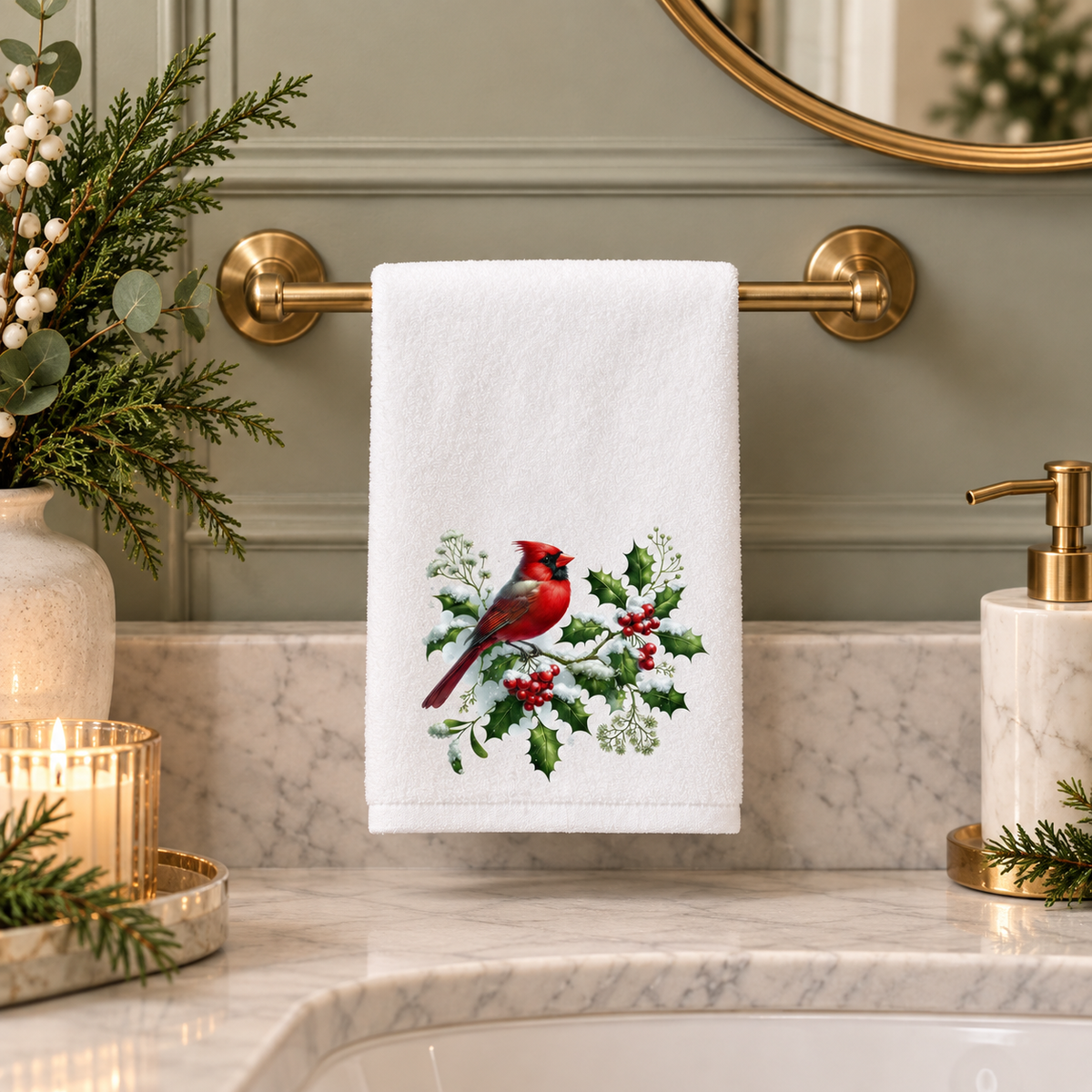Cardinal Christmas Fingertip Towel, Holiday Guest Bath Decor