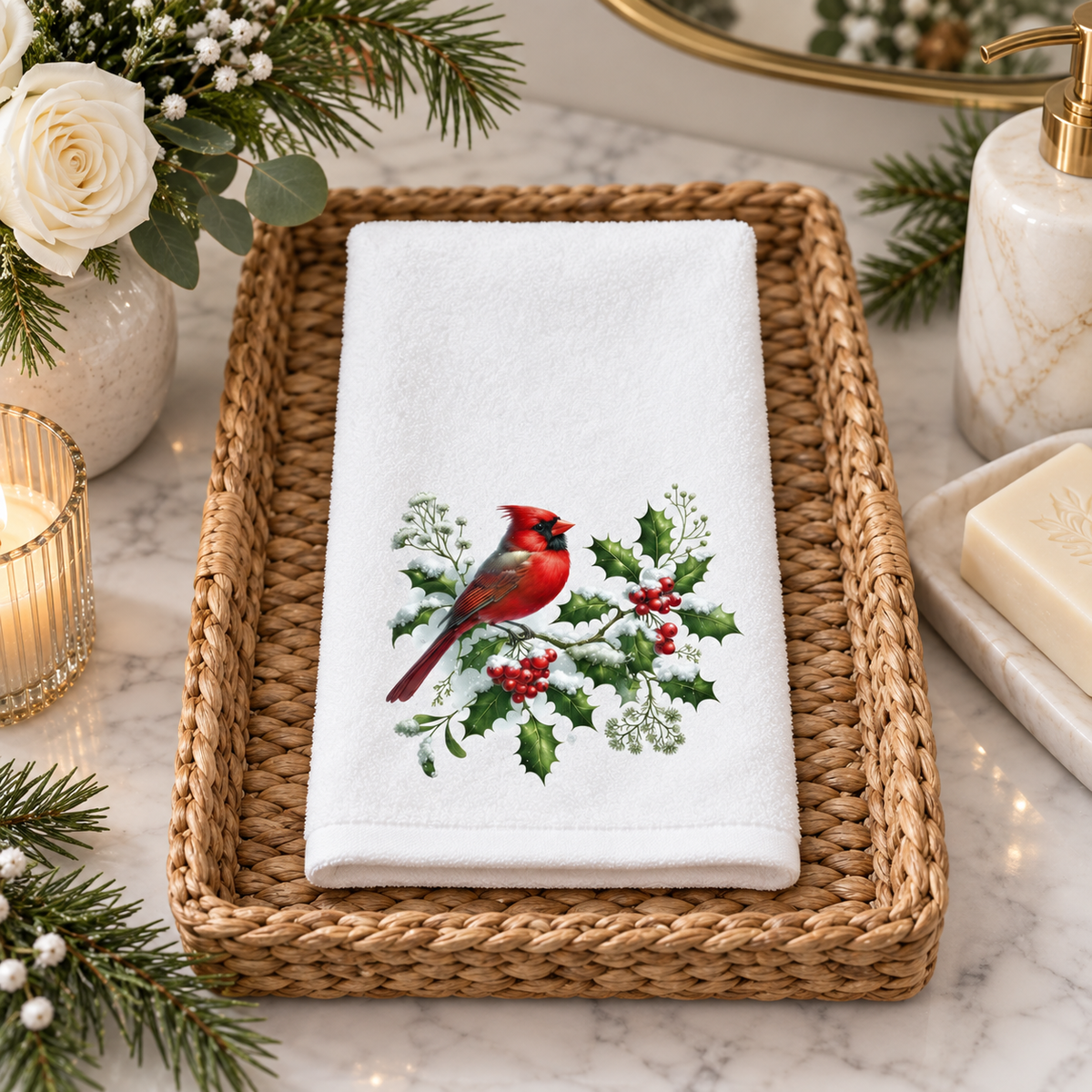 Cardinal Christmas Fingertip Towel, Holiday Guest Bath Decor