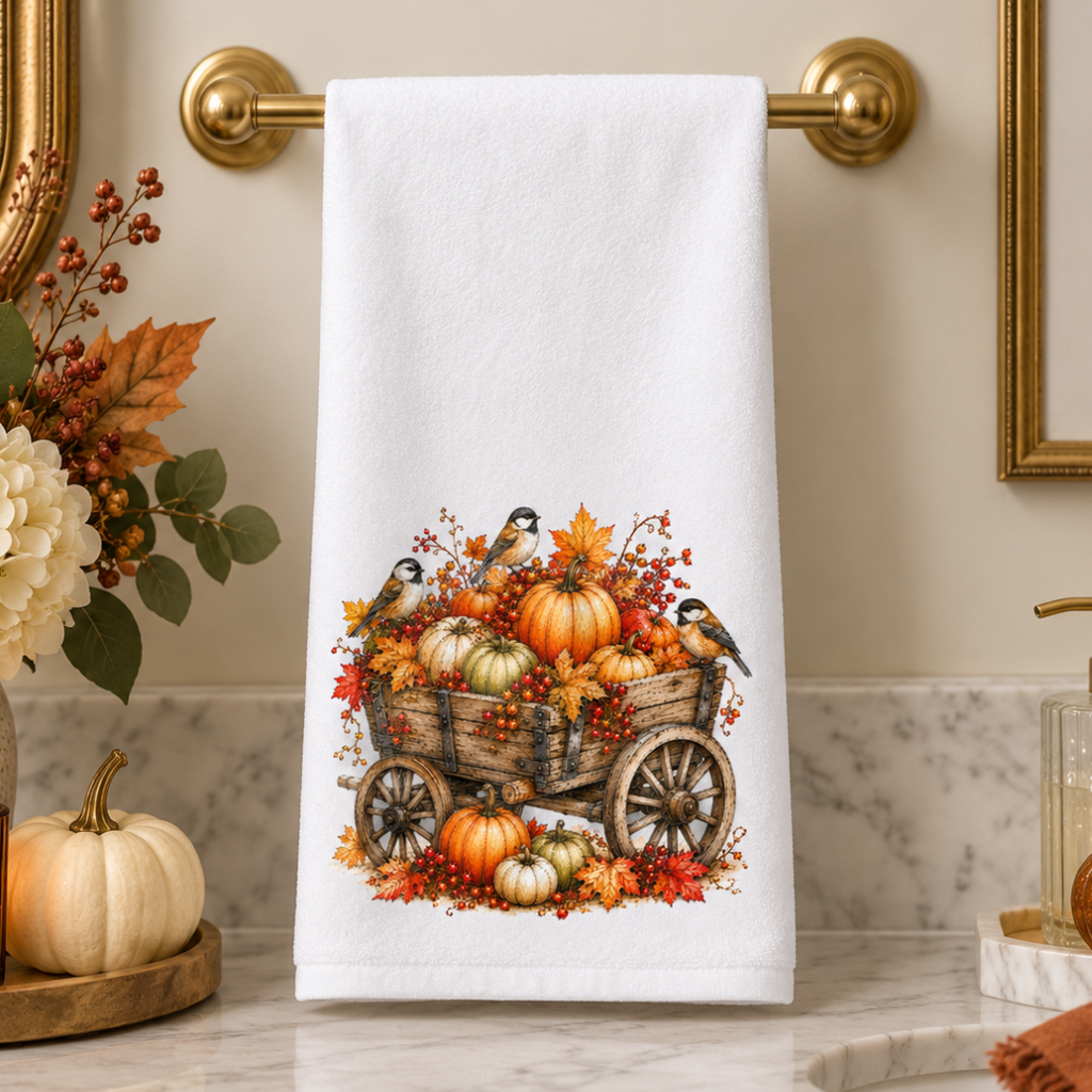 A white kitchen towel with a colorful autumn print of pumpkins, leaves, and birds in a wagon, hanging on a brass towel bar above a marble bathroom counter with fall decor.