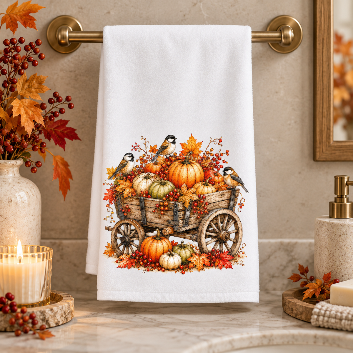 Fall Pumpkin Wagon & Chickadee Hand Towel