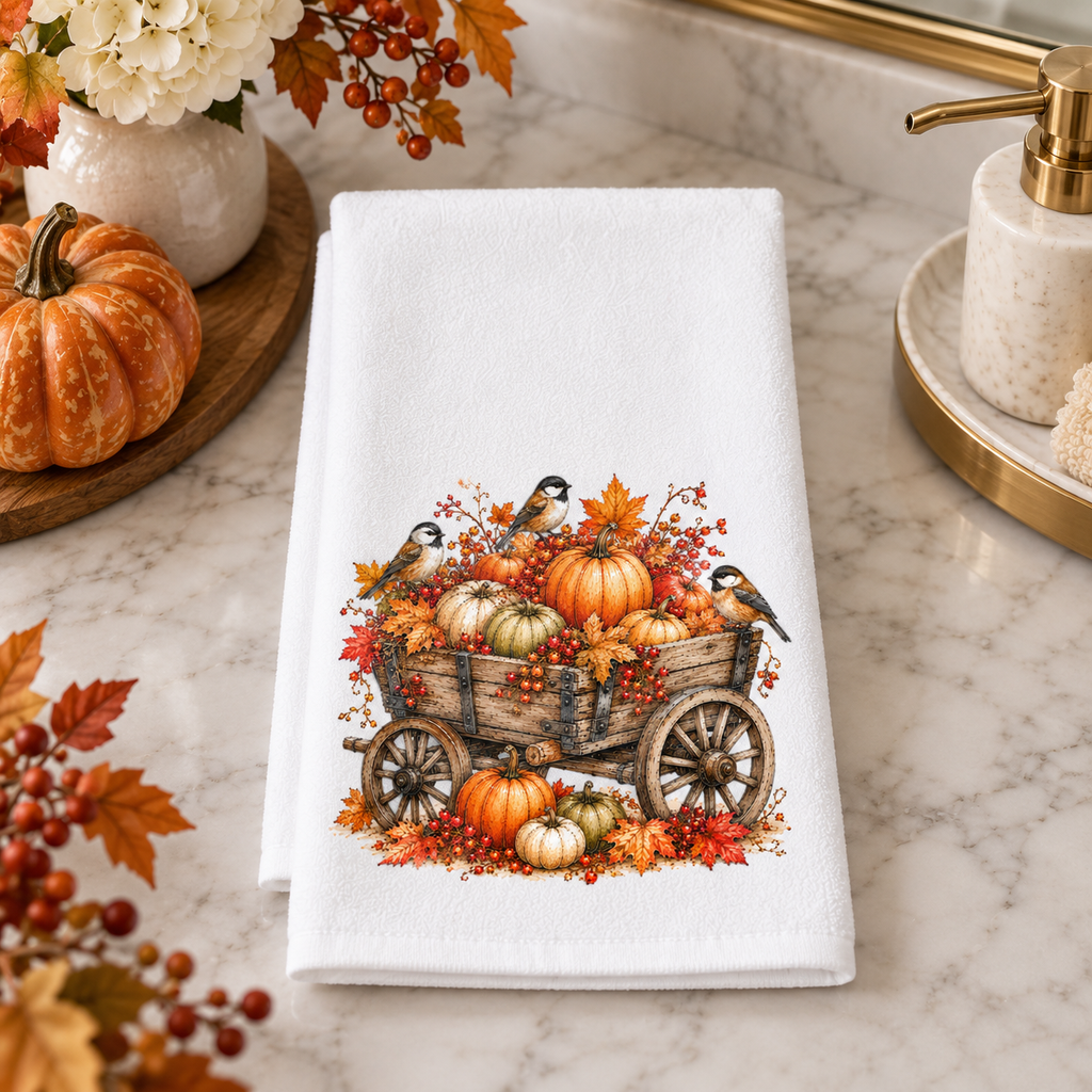 Fall Pumpkin Wagon & Chickadee Hand Towel