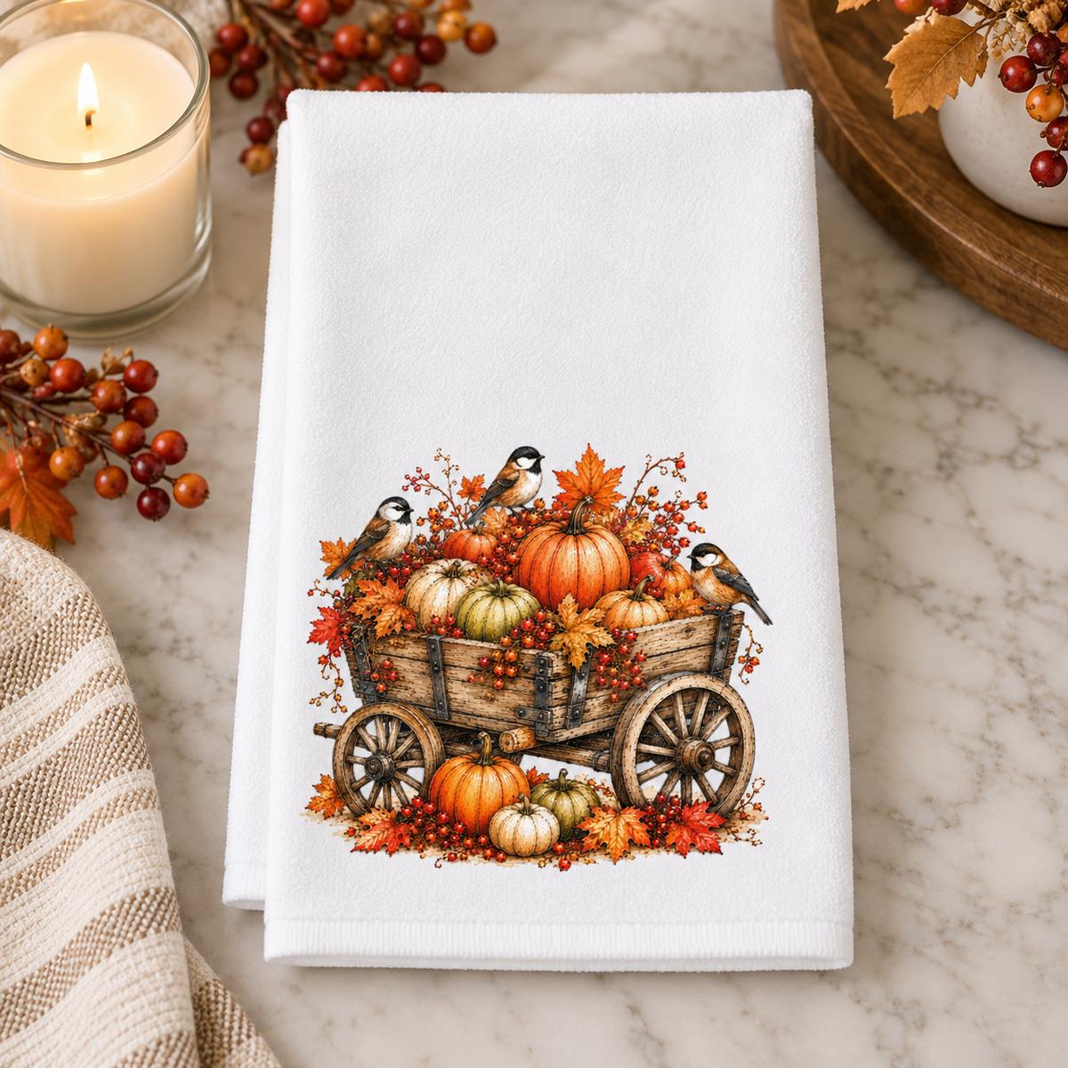 Fall Pumpkin Wagon & Chickadee Hand Towel