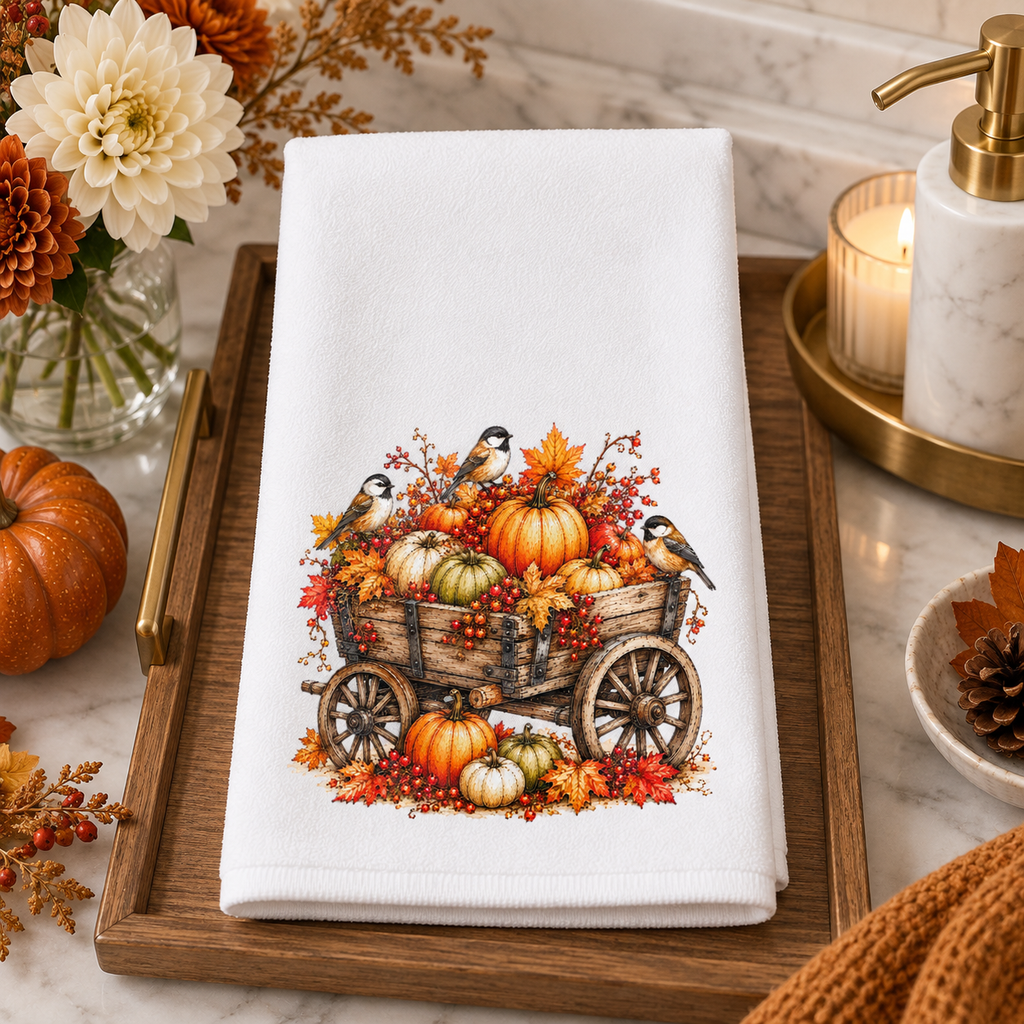 Fall Pumpkin Wagon & Chickadee Hand Towel