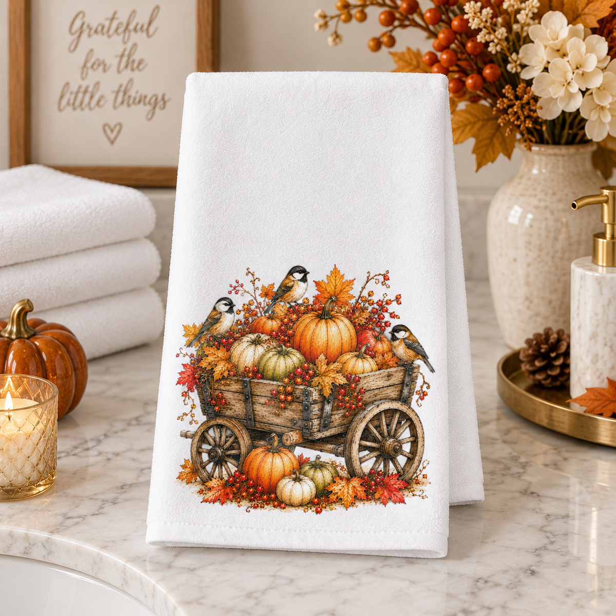 Fall Pumpkin Wagon & Chickadee Hand Towel
