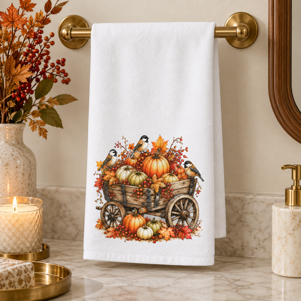 Fall Pumpkin Wagon & Chickadee Hand Towel