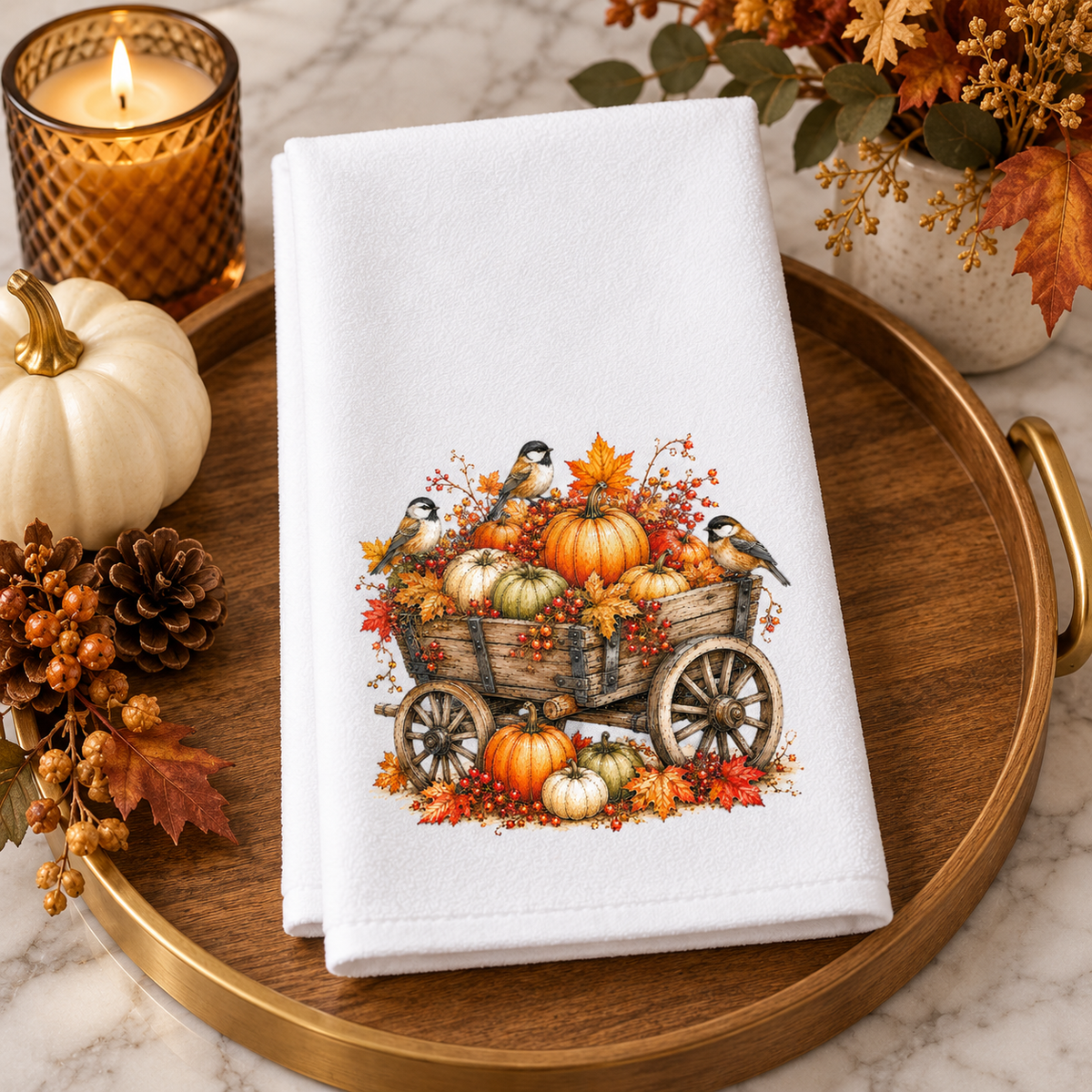 Fall Pumpkin Wagon & Chickadee Hand Towel