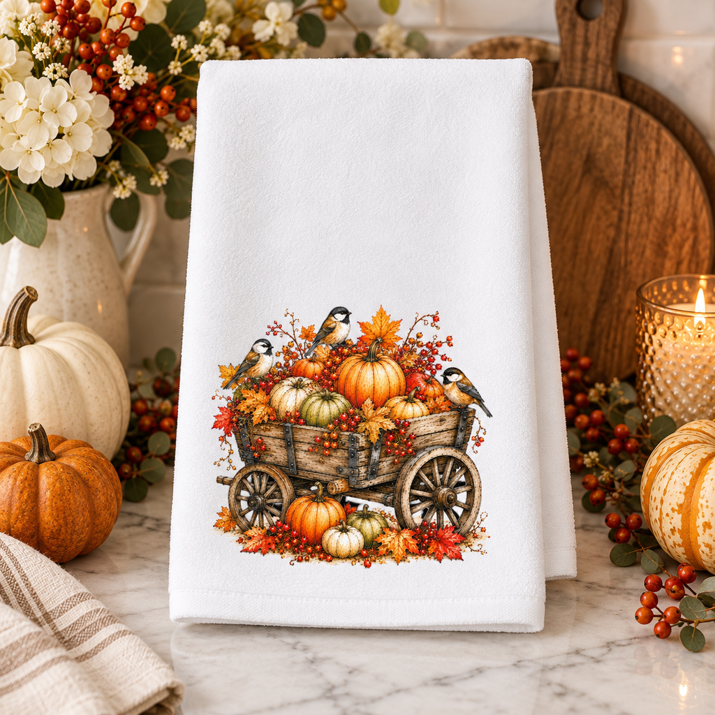 Fall Pumpkin Wagon & Chickadee Hand Towel