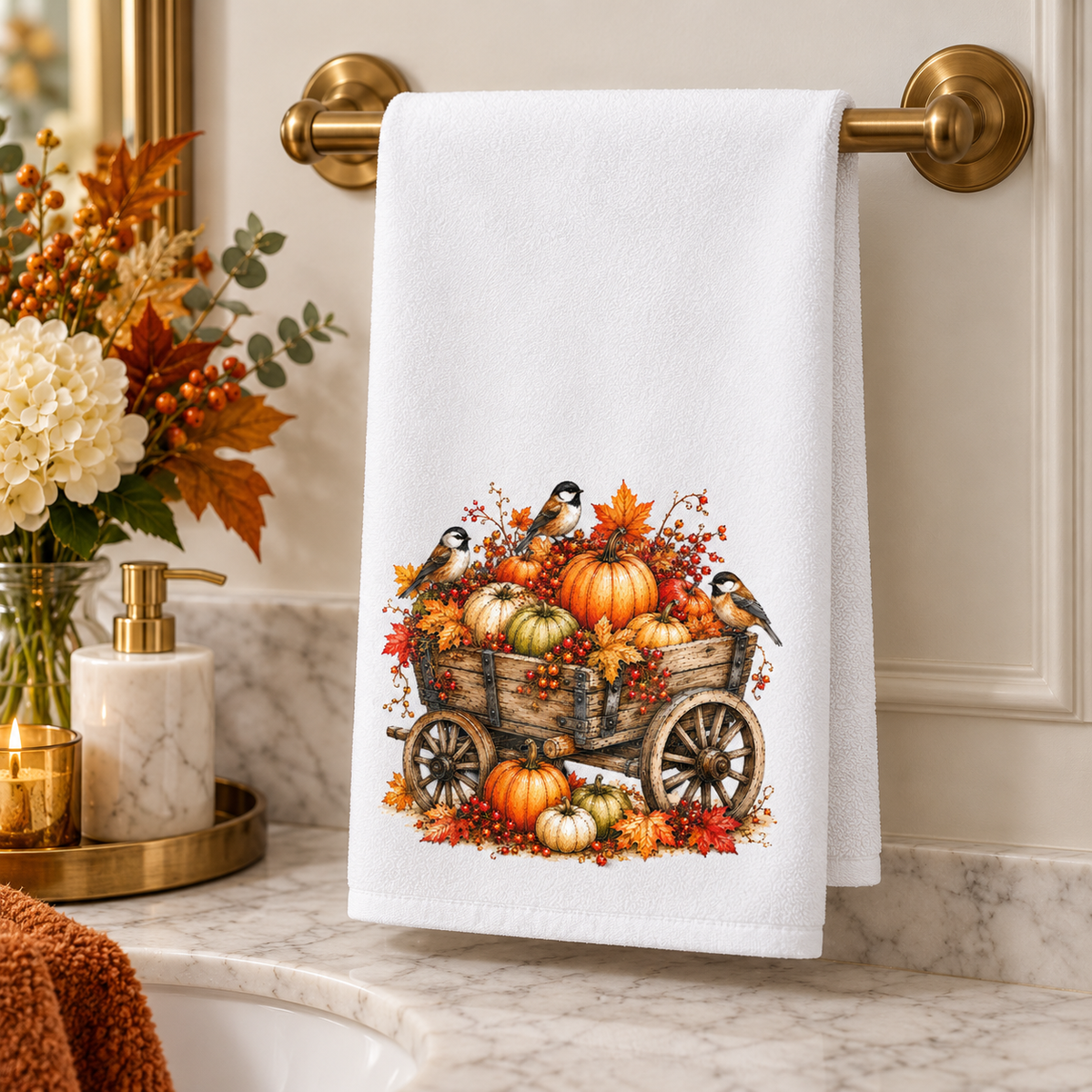 Fall Pumpkin Wagon & Chickadee Hand Towel