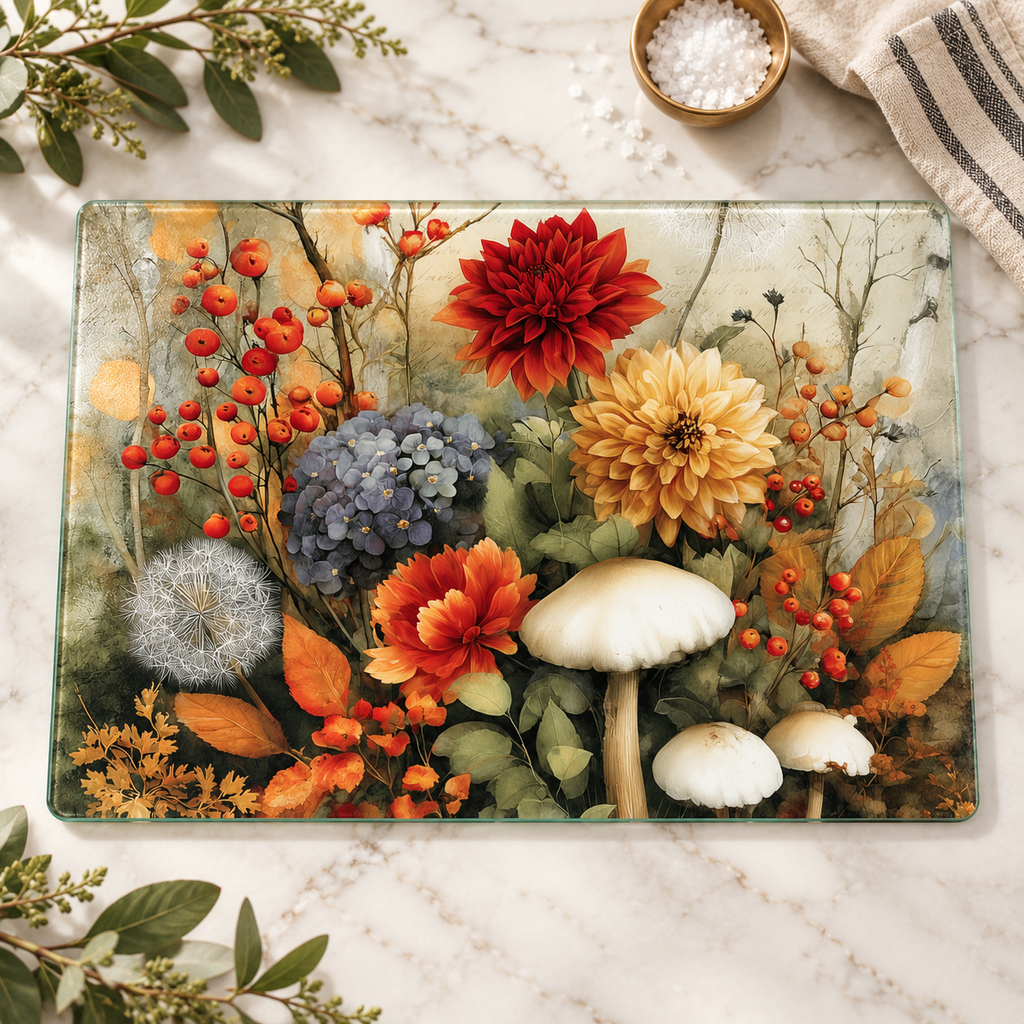 Autumn Botanical Glass Cutting & Serving Board
