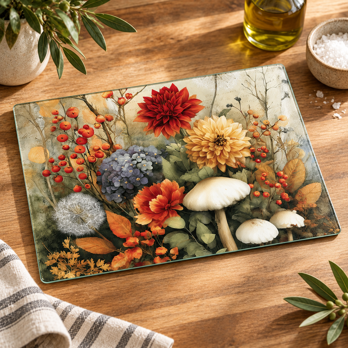 Autumn Botanical Glass Cutting & Serving Board