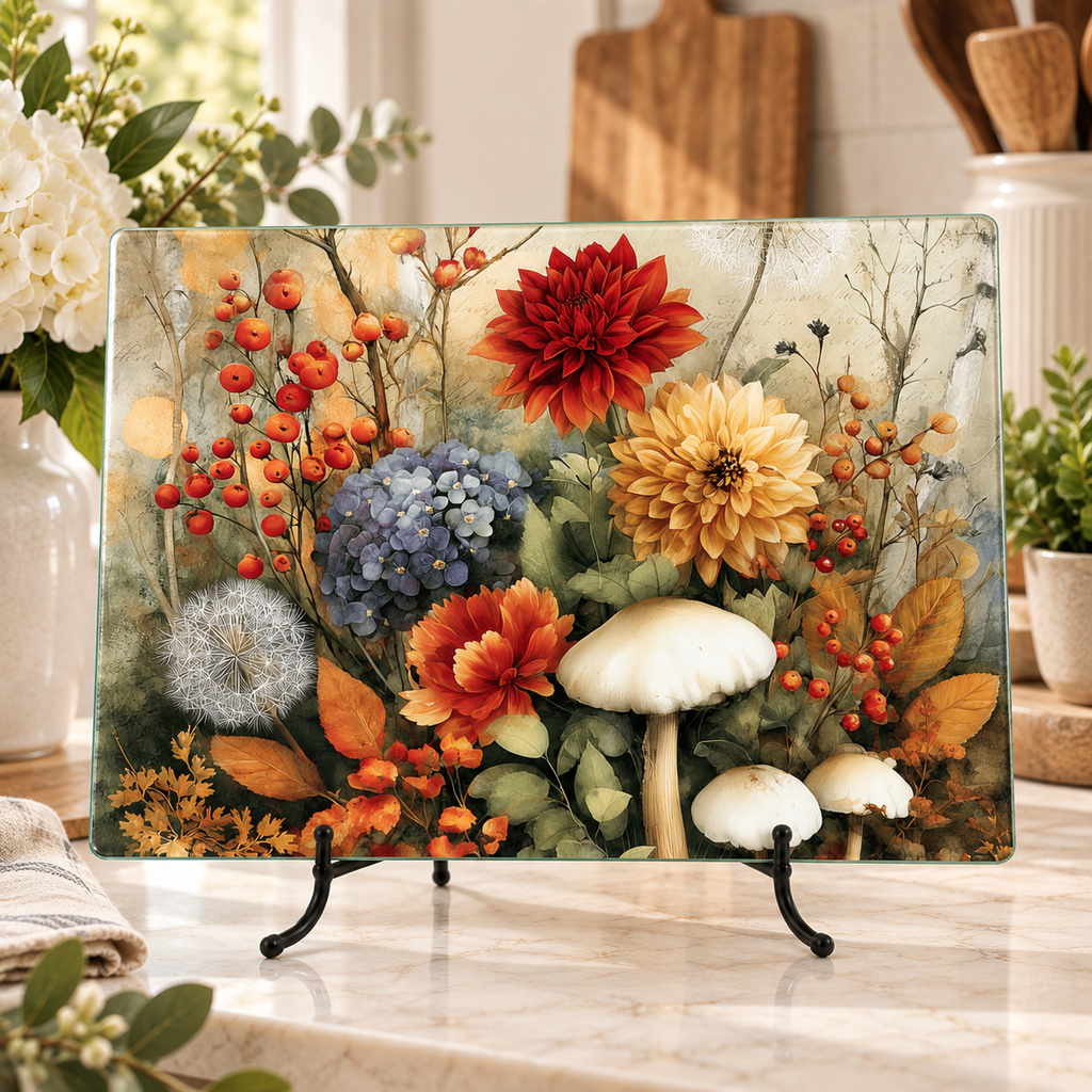 Autumn Botanical Glass Cutting & Serving Board