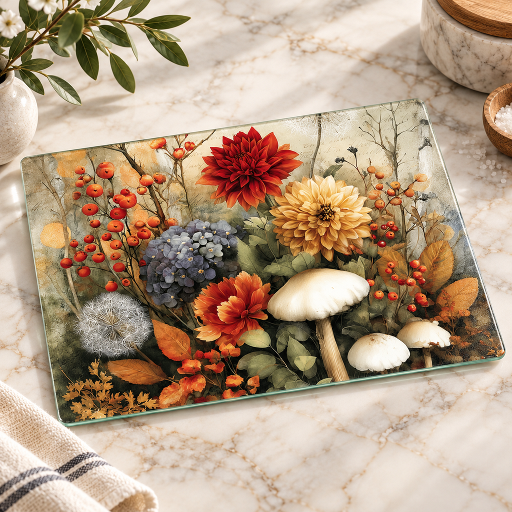 Autumn Botanical Glass Cutting & Serving Board