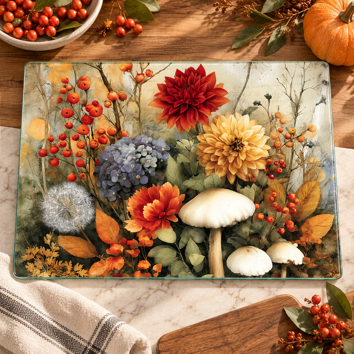 Autumn Botanical Glass Cutting & Serving Board