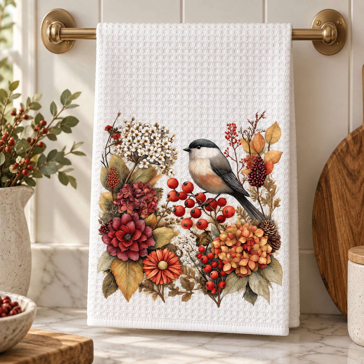 Autumn Chickadee Waffle Kitchen Towel