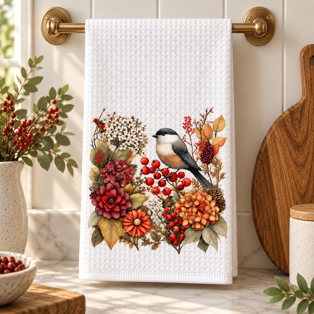 Autumn Chickadee Waffle Kitchen Towel