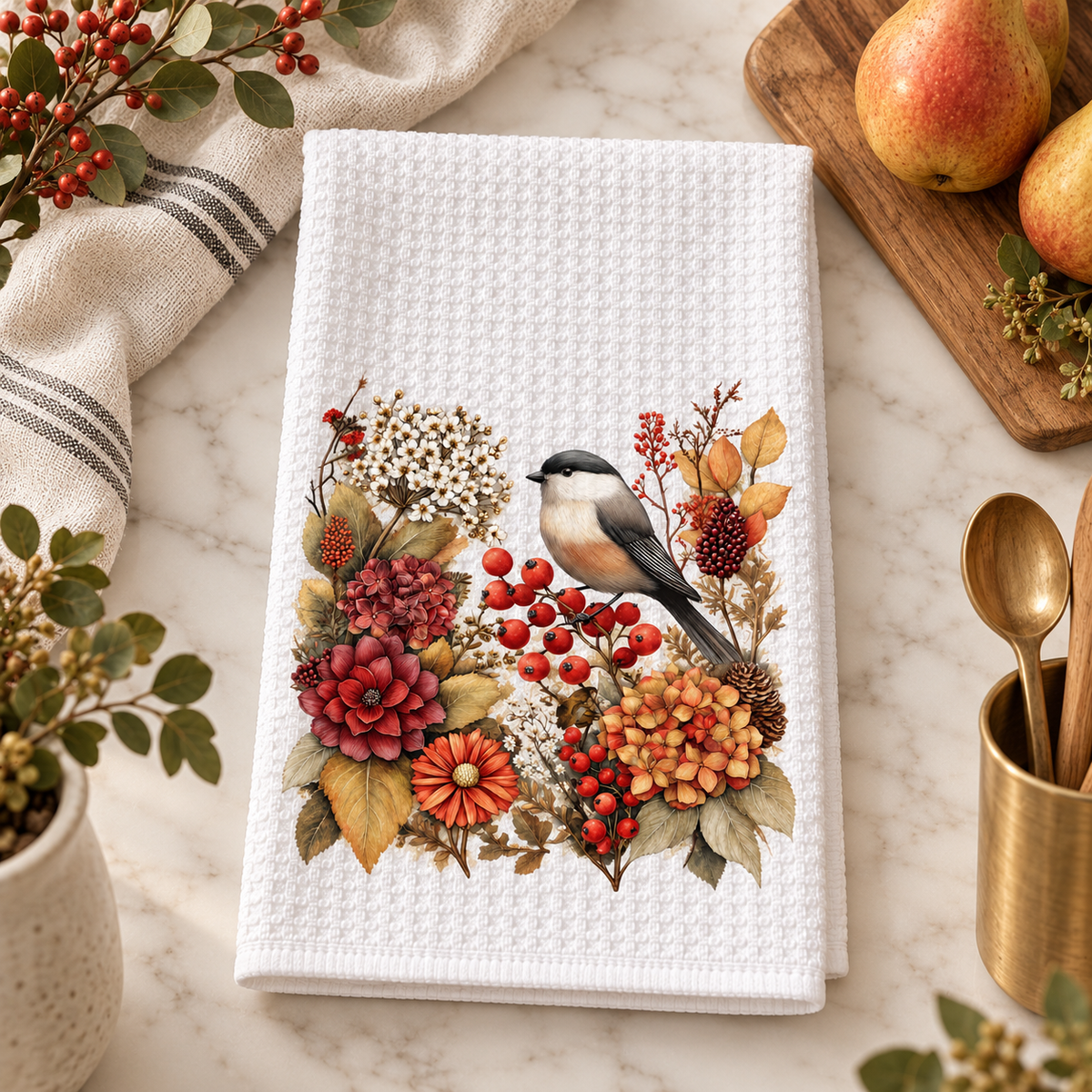 Autumn Chickadee Waffle Kitchen Towel