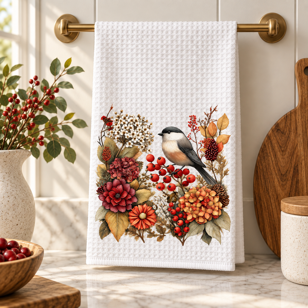 Autumn Chickadee Waffle Kitchen Towel