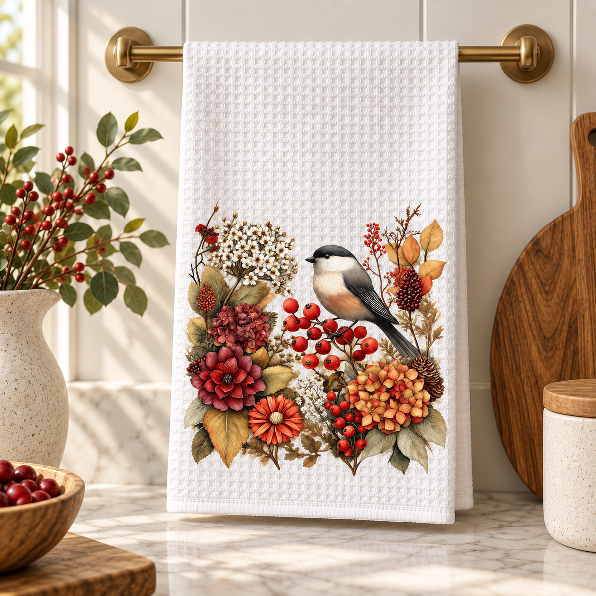 Autumn Chickadee Waffle Kitchen Towel