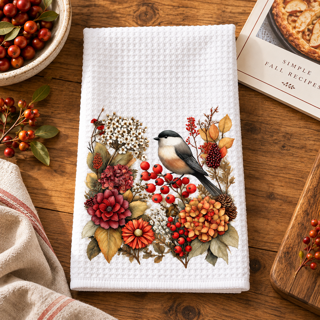 Autumn Chickadee Waffle Kitchen Towel