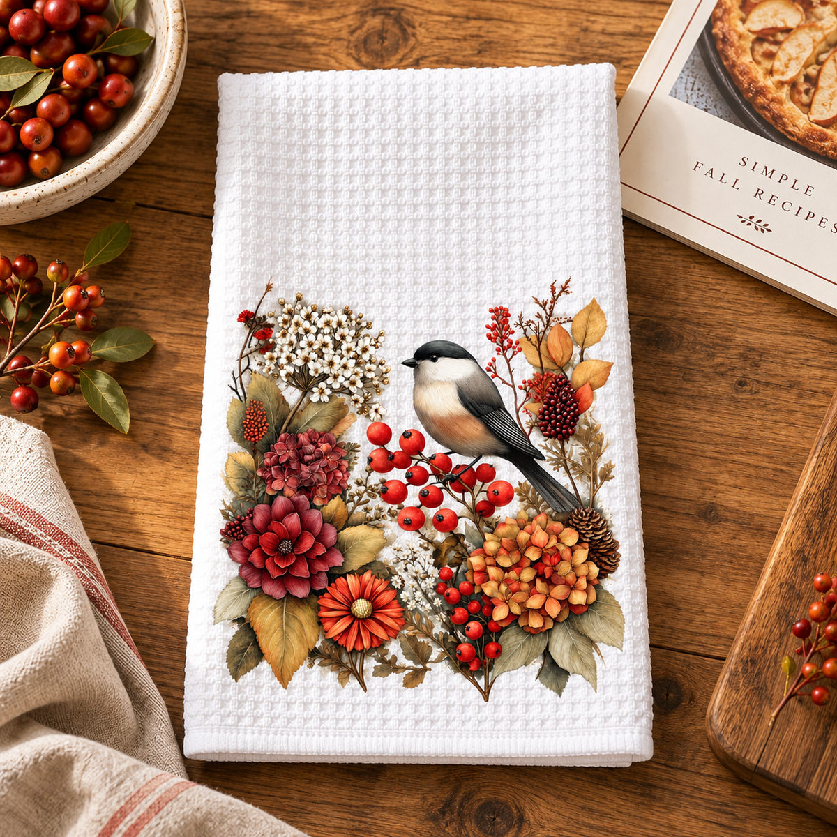 Autumn Chickadee Waffle Kitchen Towel