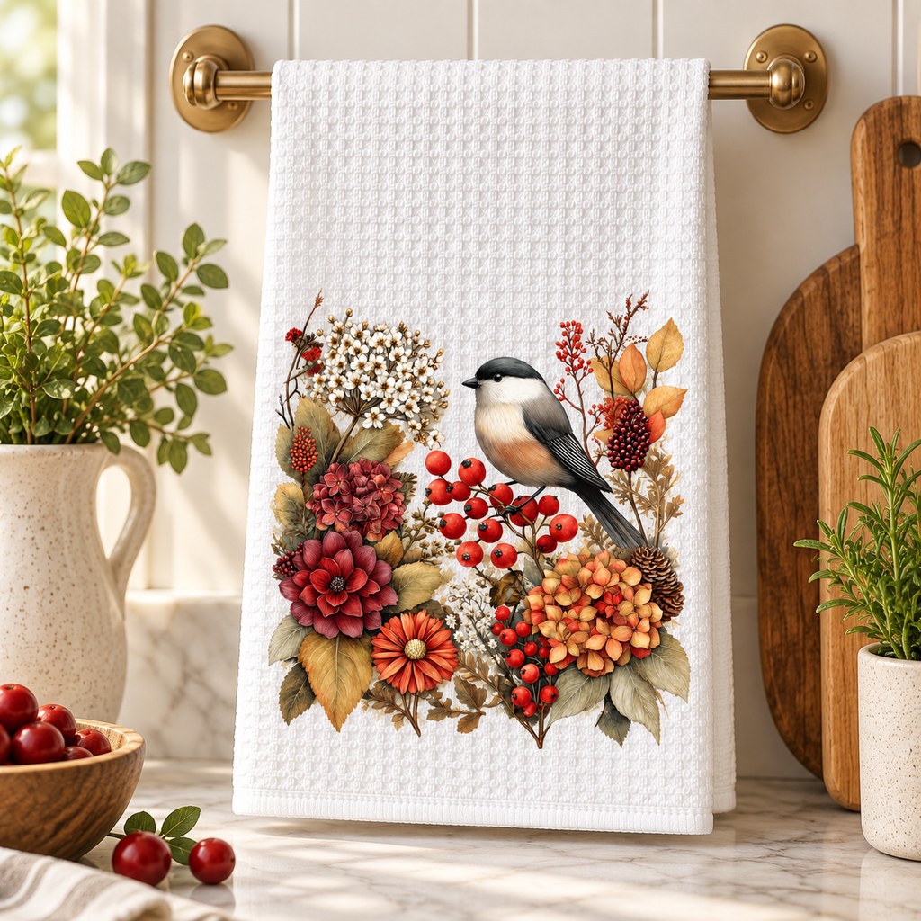 Autumn Chickadee Waffle Kitchen Towel