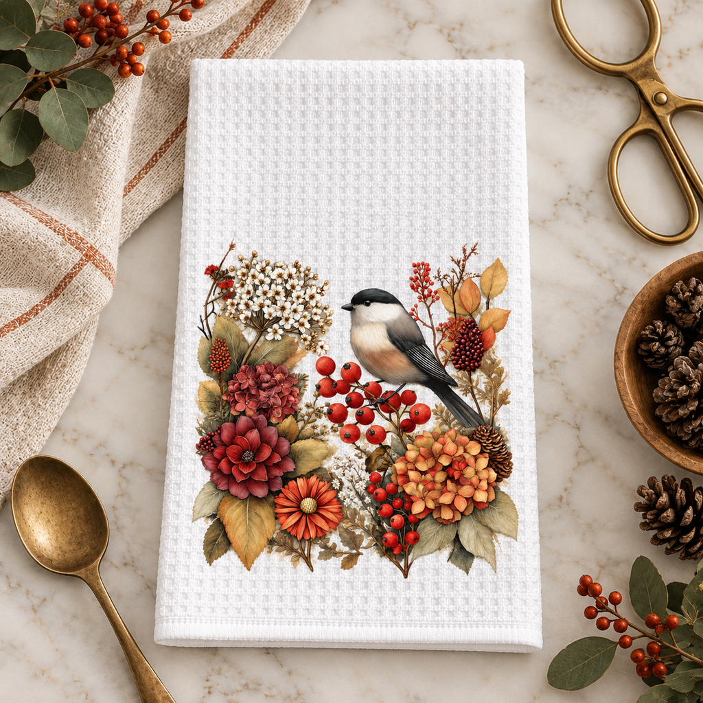 Autumn Chickadee Waffle Kitchen Towel