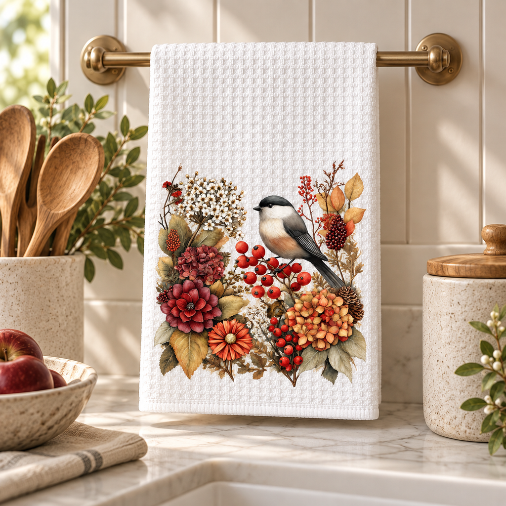 Autumn Chickadee Waffle Kitchen Towel
