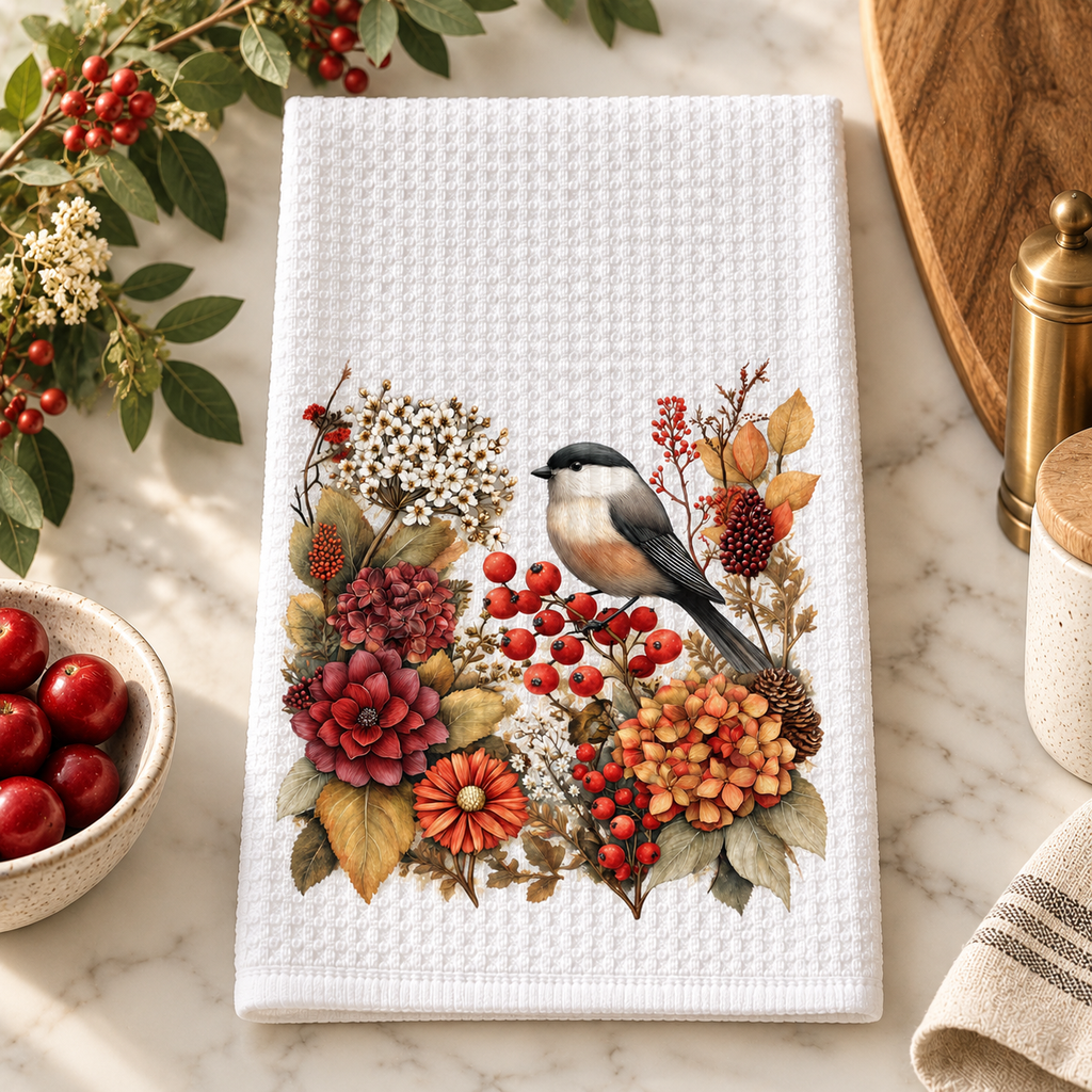 Autumn Chickadee Waffle Kitchen Towel