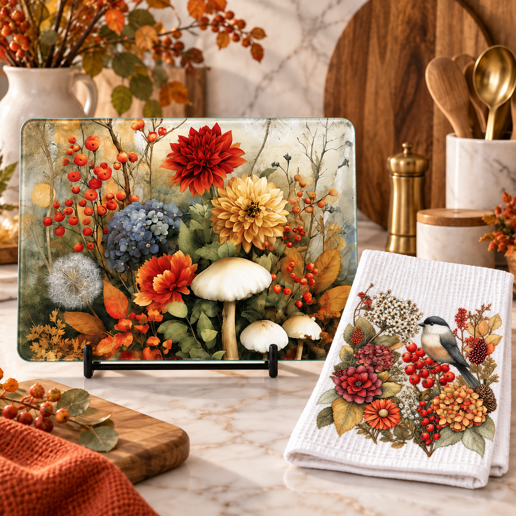 Autumn Chickadee Waffle Kitchen Towel