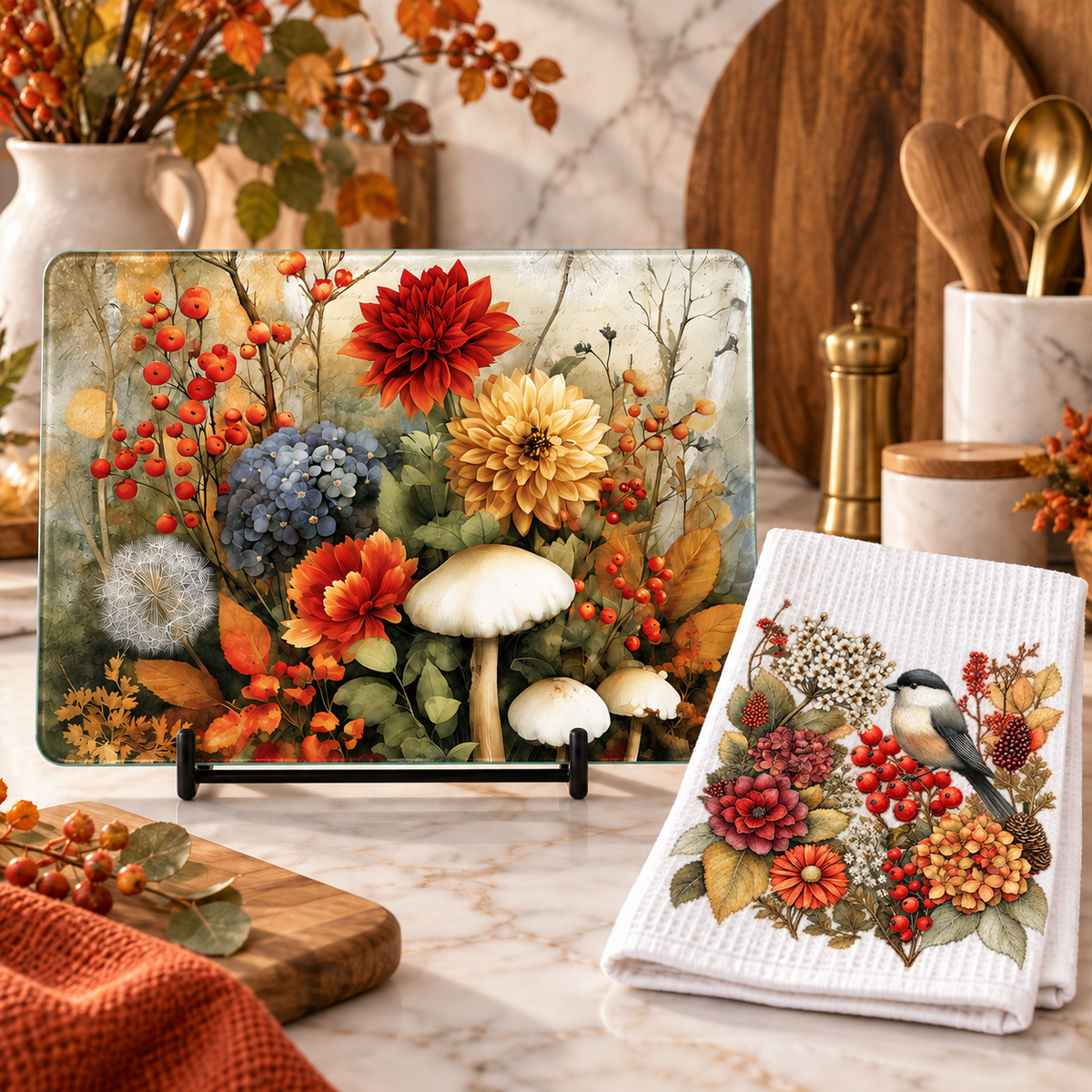 Autumn Chickadee Waffle Kitchen Towel