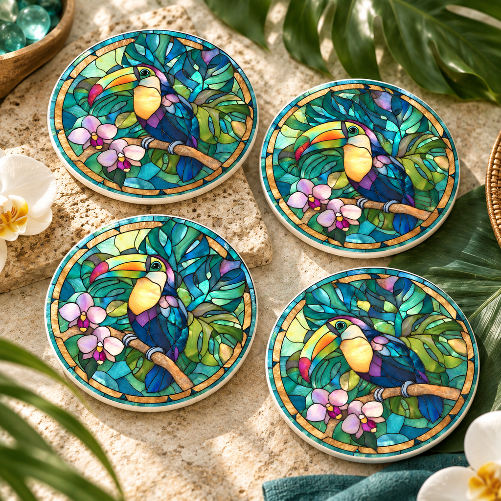 Toucan Ceramic Coaster – Tropical Orchid Jungle Design