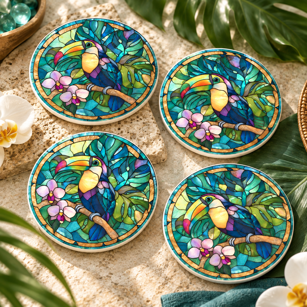 Toucan Ceramic Coaster – Tropical Orchid Jungle Design