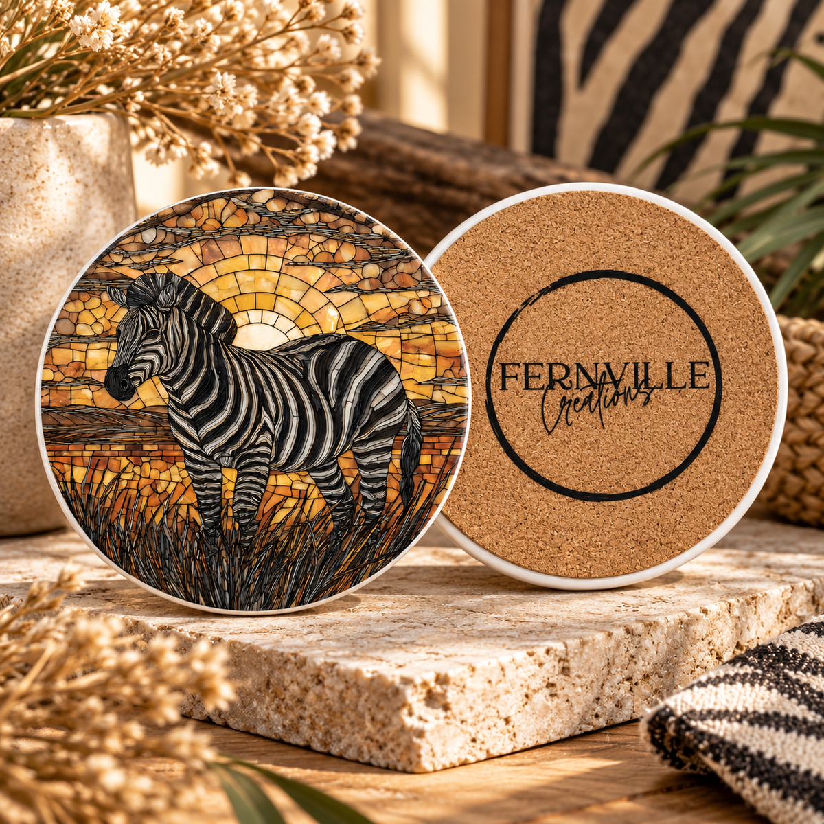 Zebra Ceramic Coaster – African Safari Sunset Design