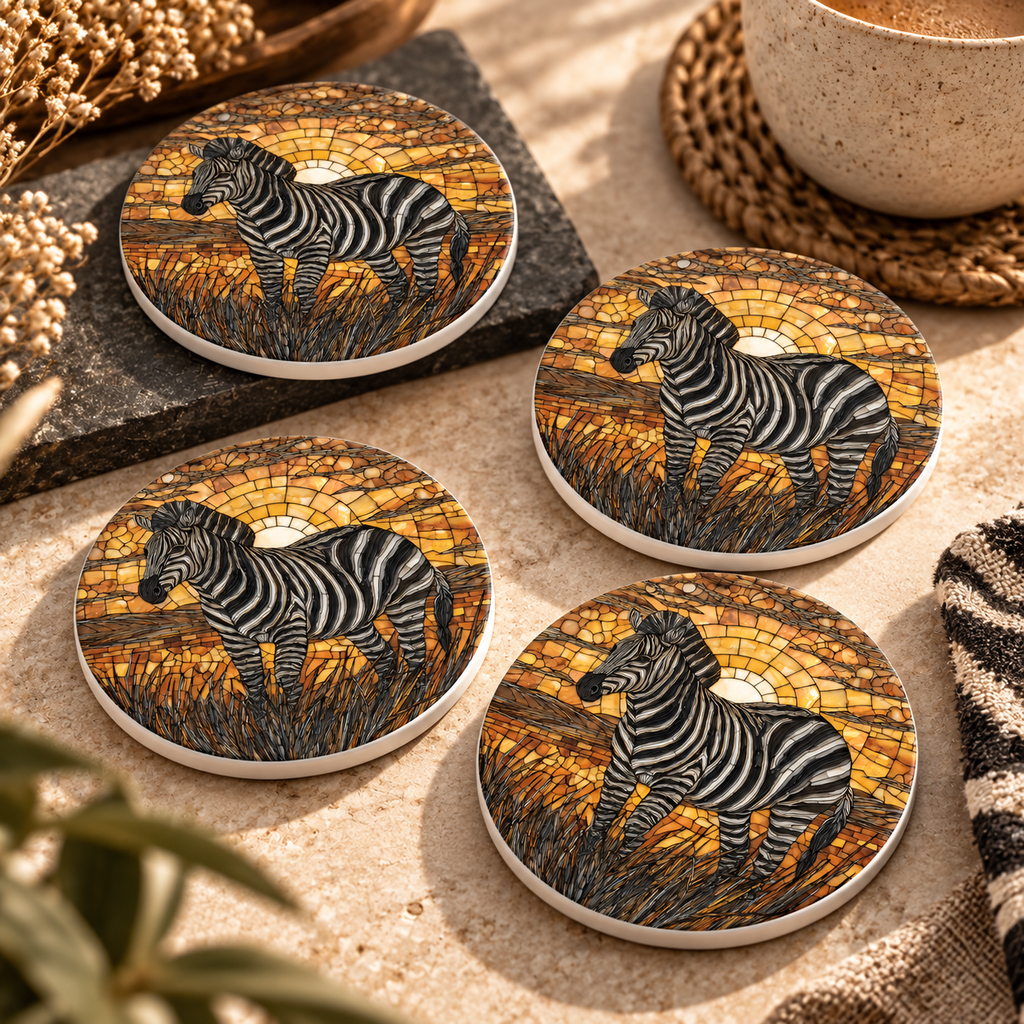 Zebra Ceramic Coaster – African Safari Sunset Design