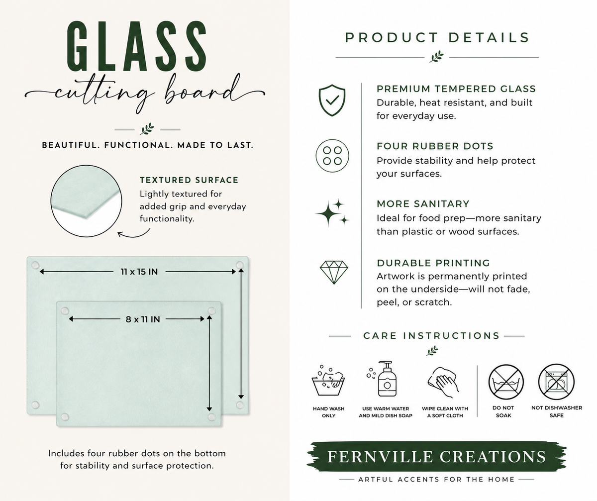 Glass Cutting Board, Chinchilla-Textured Surface, Cottage Kitchen Floral Design