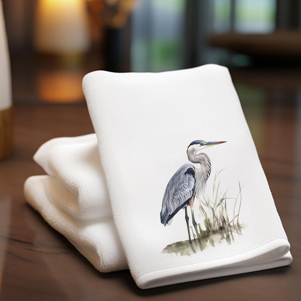 Heron Fingertip Towel, Coastal Guest Bath Decor, Marsh Bird Powder Room Gift