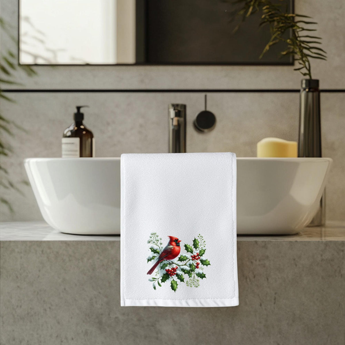 Cardinal Christmas Fingertip Towel, Holiday Guest Bath Decor